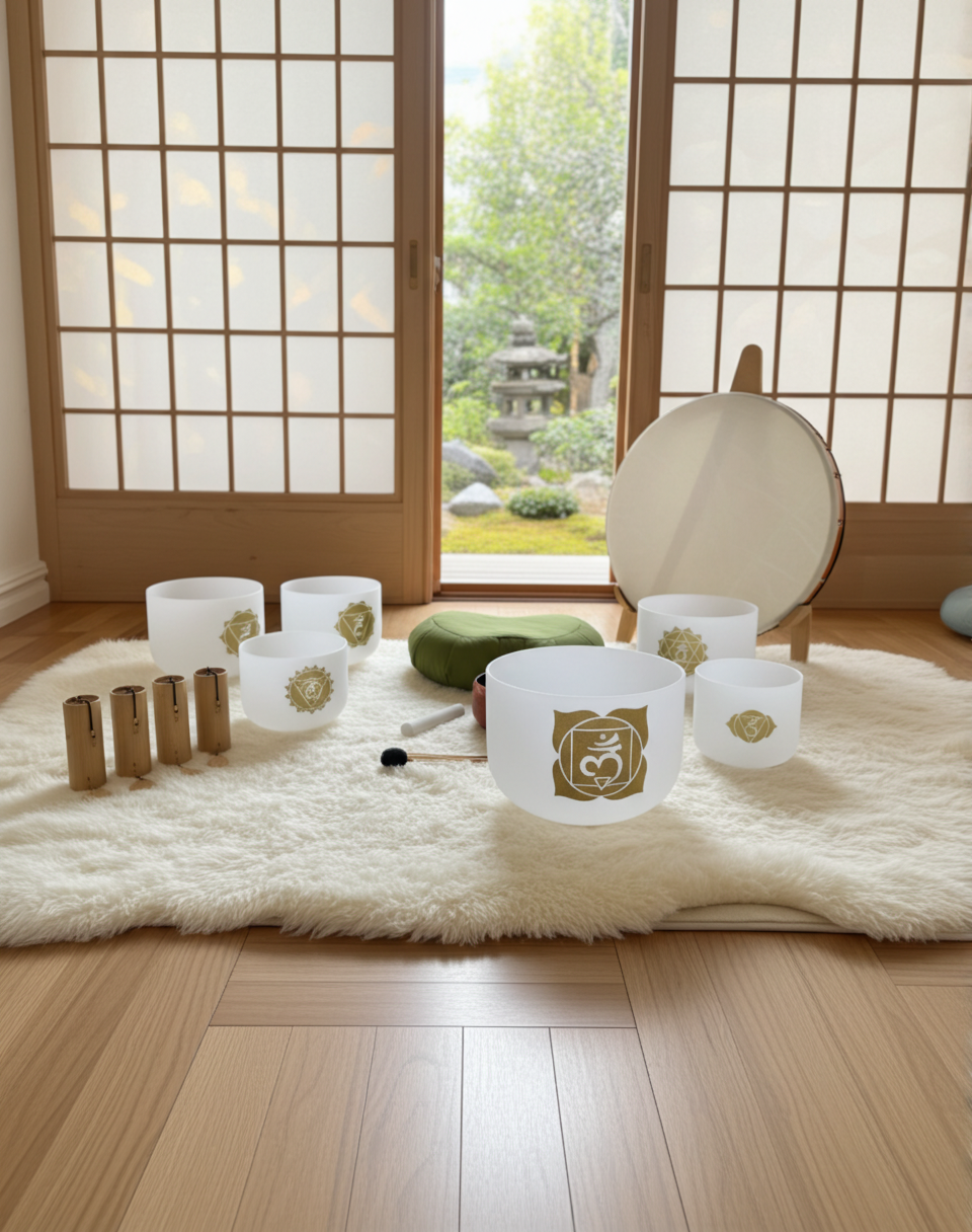 Serene arrangement of singing bowls, ceramic vessels, and dried palms in warm terracotta and cream tones